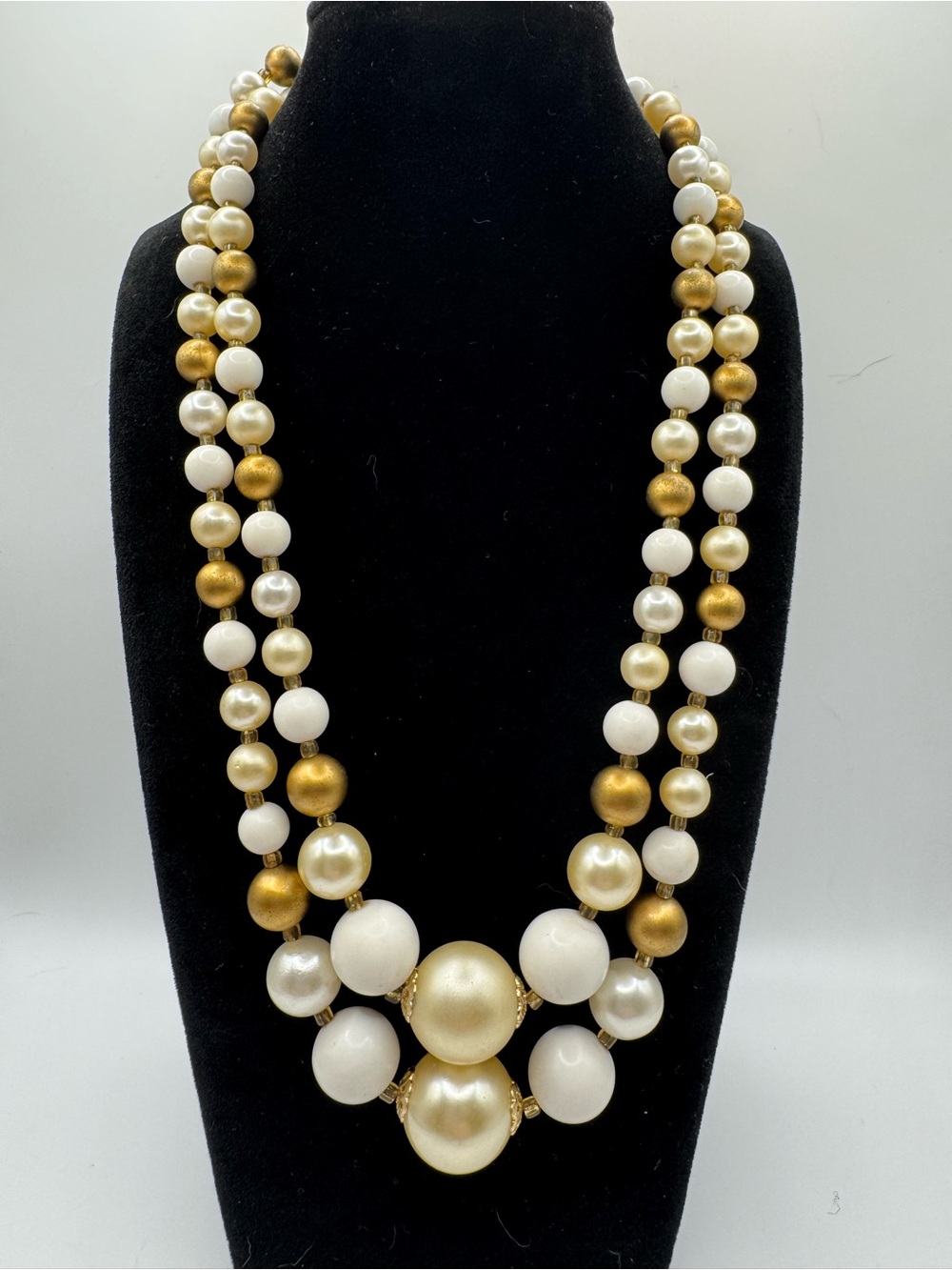 Vintage Japan Double Strand Faux Pearl Necklace Gold White Cream